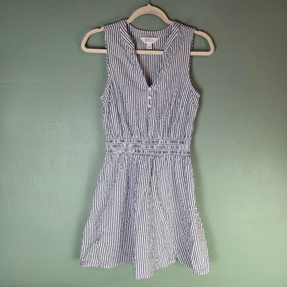 Market & Spruce Womens Small Sleeveless Smocked Wsaist Seersucker Striped Dress